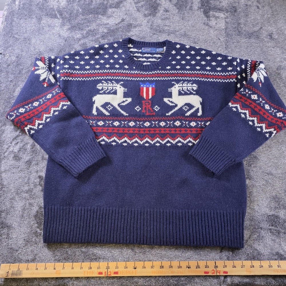 Polo Ralph Lauren Wool Reindeer Fair Isle Sweater Mens XXL Blue Patriotic Shield